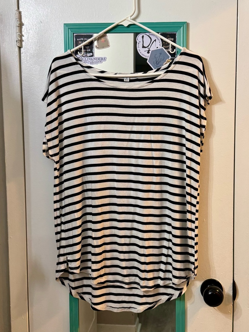 Green Envelope Black and White Striped Short Sleeve Tee